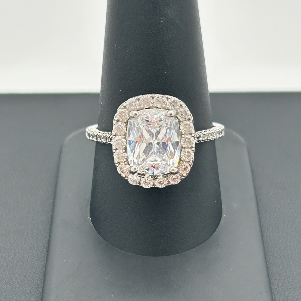 Sterling Silver Cushion Cut Halo Cubic Zirconia